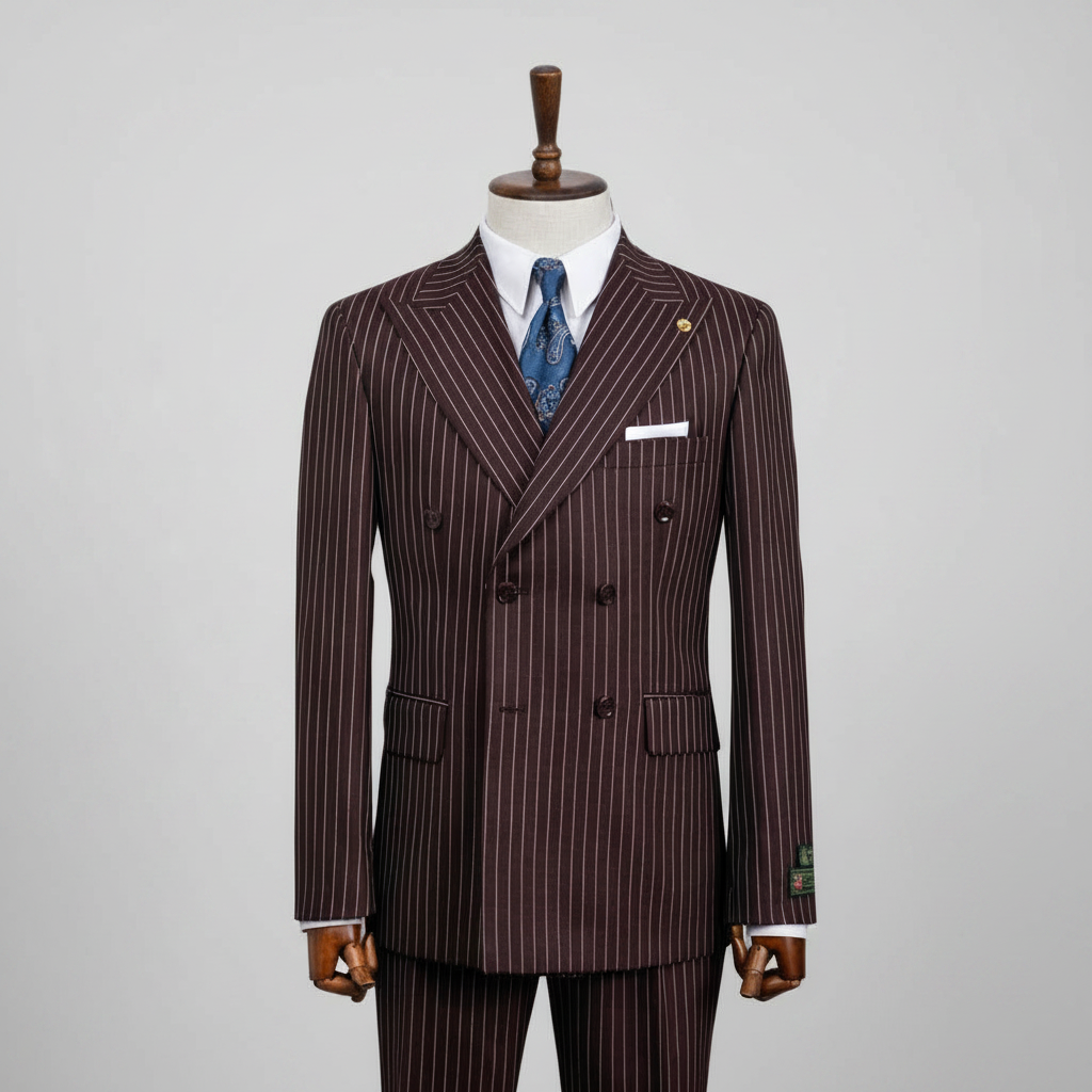 De Walters Double Breasted Suit – Maroon Brown Striped | Sizes 46–56